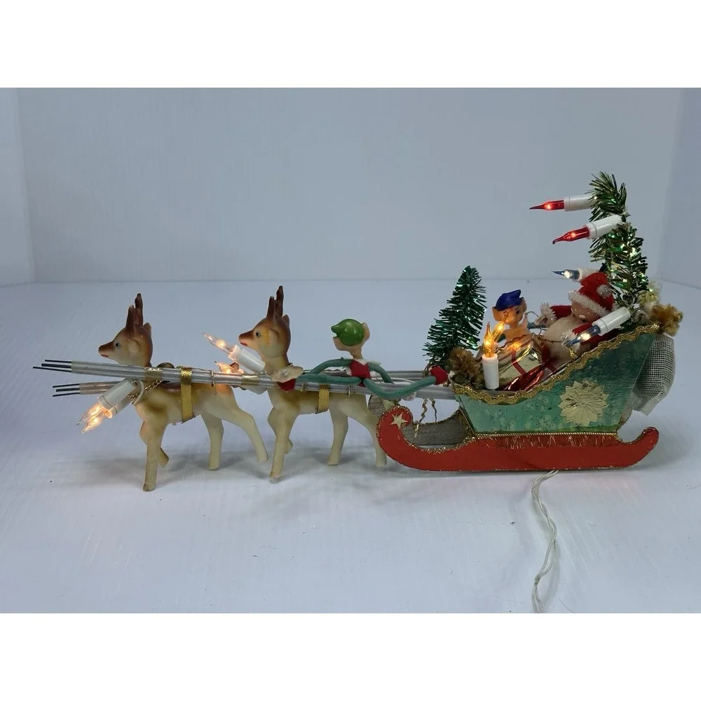 Vintage Christmas Santa Clause Pixie Elves Reindeers Sleigh Electric 1960s